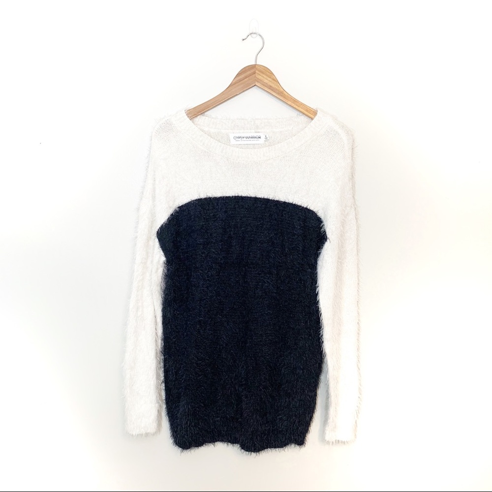 Gypsy Warrior Colorblock Cream Black Fuzzy Sweater